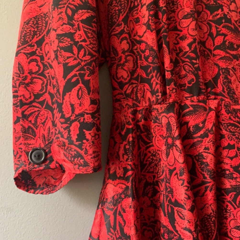 Vintage Red Dress Black Flora Design and Lace - Picture 3 of 6